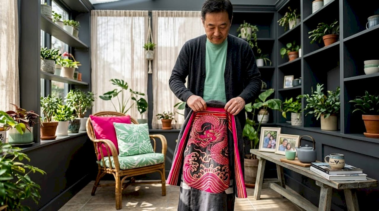 Man folding Japanese fireman’s jacket