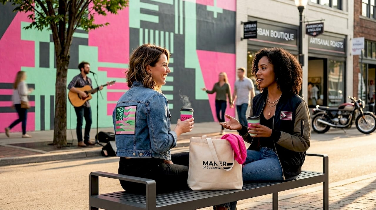 Women chatting and wearing flag-themed jackets