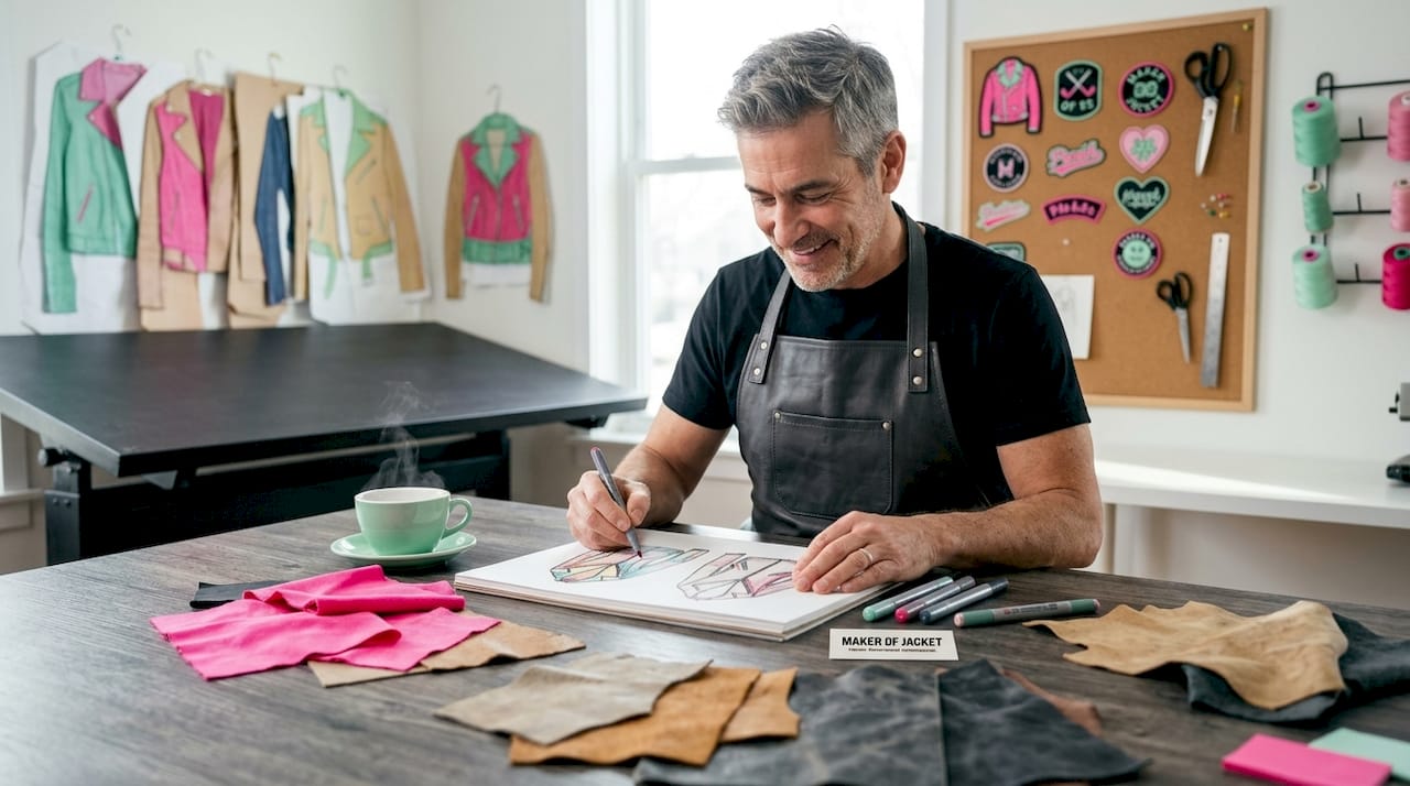 Designer sketching custom moto jackets at workspace