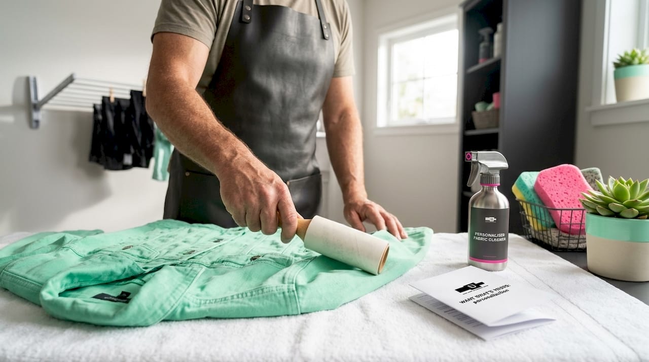 Man cleaning denim jacket for customization
