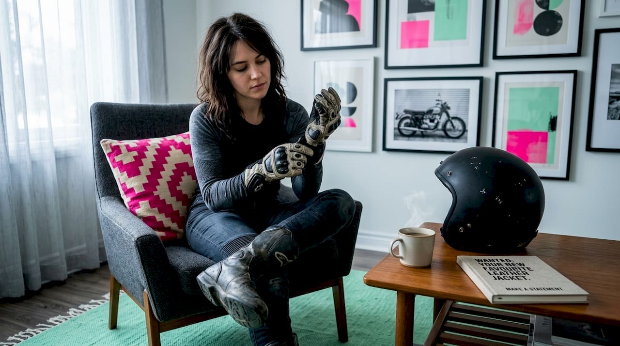 Rider removing armored gloves and boots at home