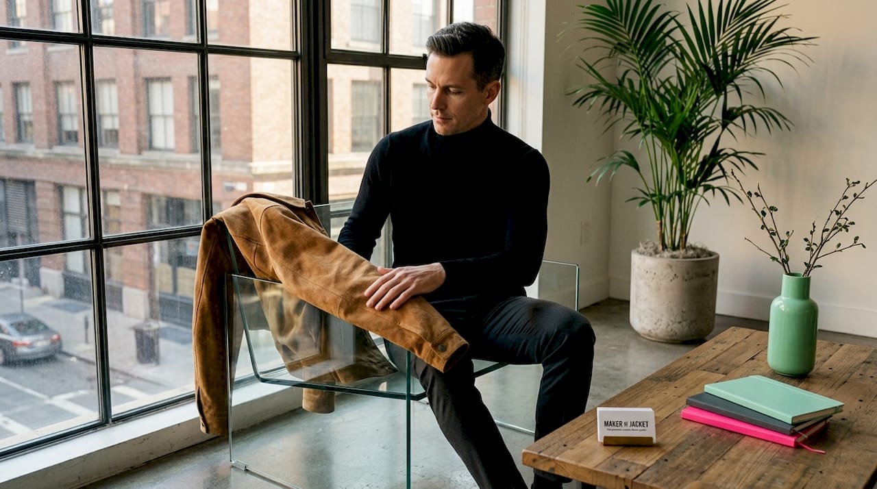 Man testing softness of tan suede jacket
