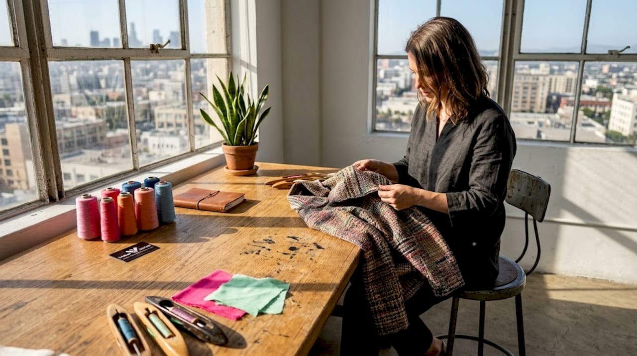 Artisan inspects handwoven jacket in studio