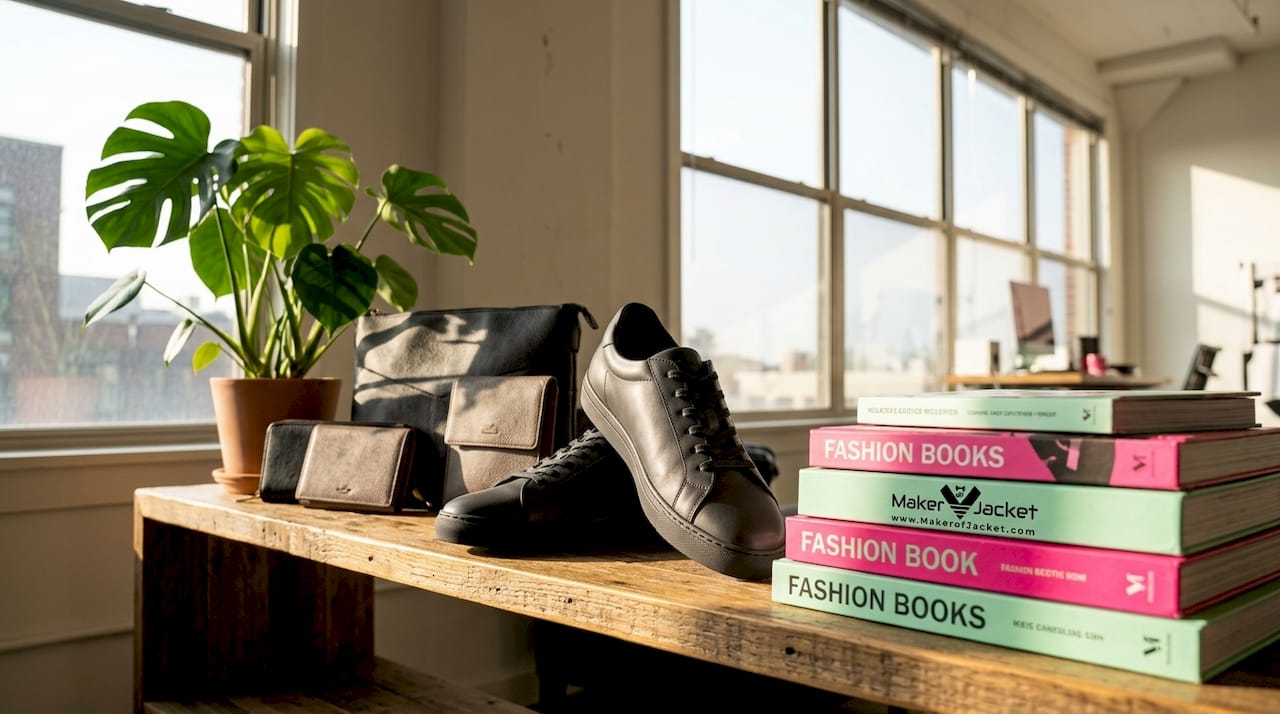 Vegan leather bags and shoes on shelf