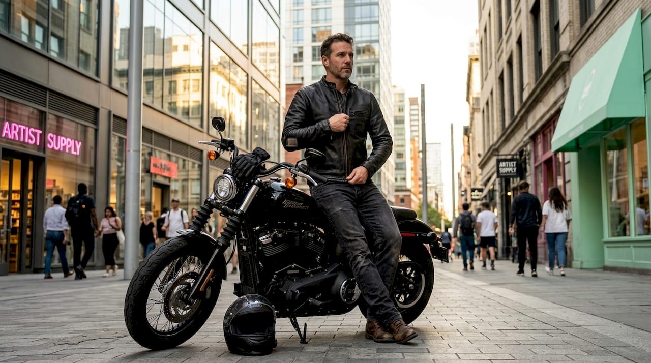 Man adjusting cowhide jacket on parked motorcycle