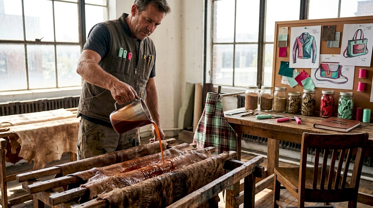 Worker pours tannins over leather hides