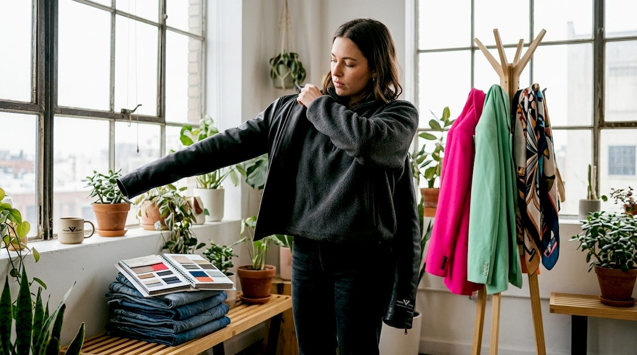 Woman layering fleece under motorcycle jacket