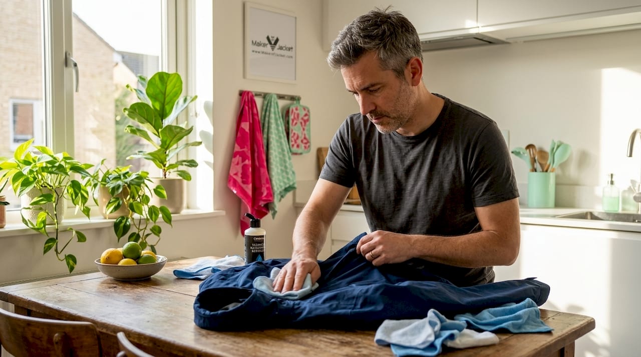 Cleaning waterproof jacket on kitchen table