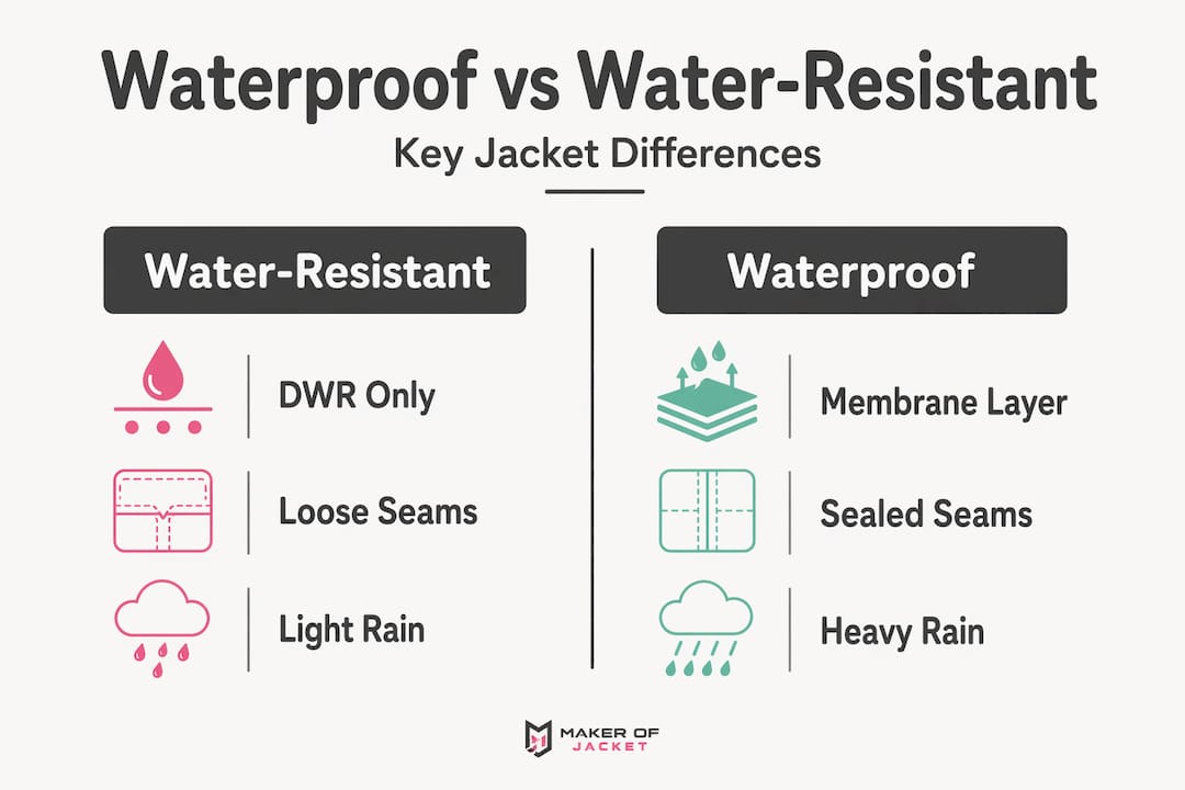 Infographic comparing waterproof and water-resistant jackets