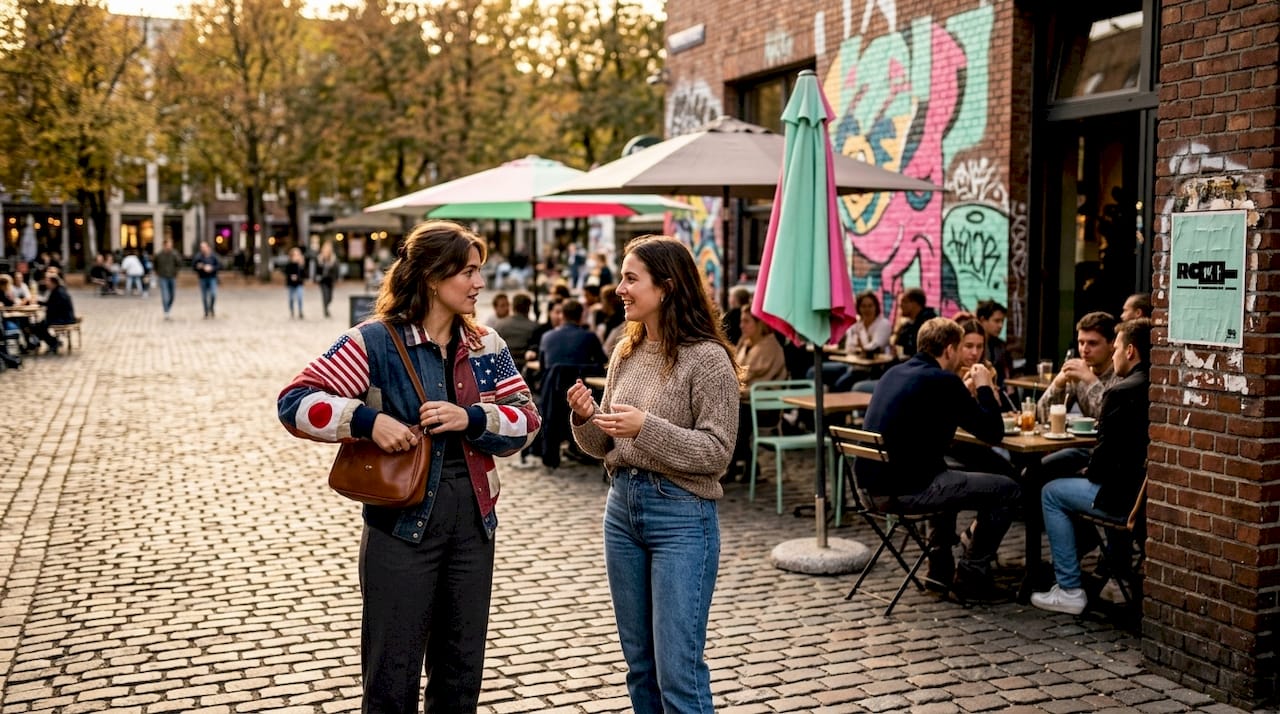 Woman in vintage flag jacket on city corner