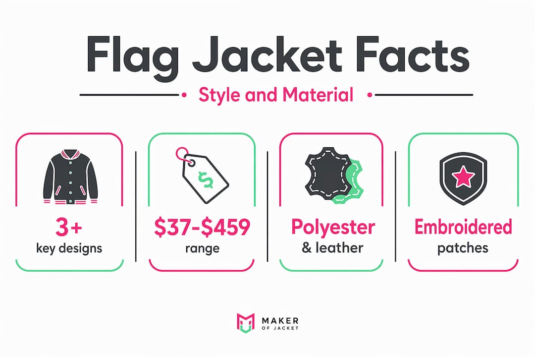 Infographic showing flag jacket style and material facts