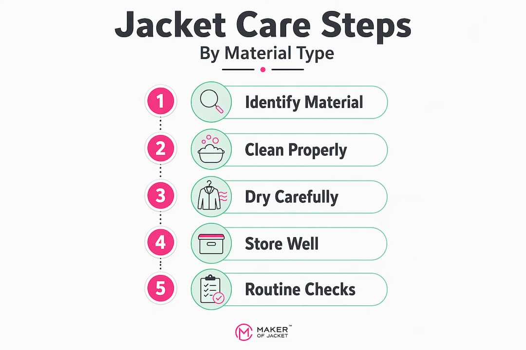 Infographic showing jacket care steps by material