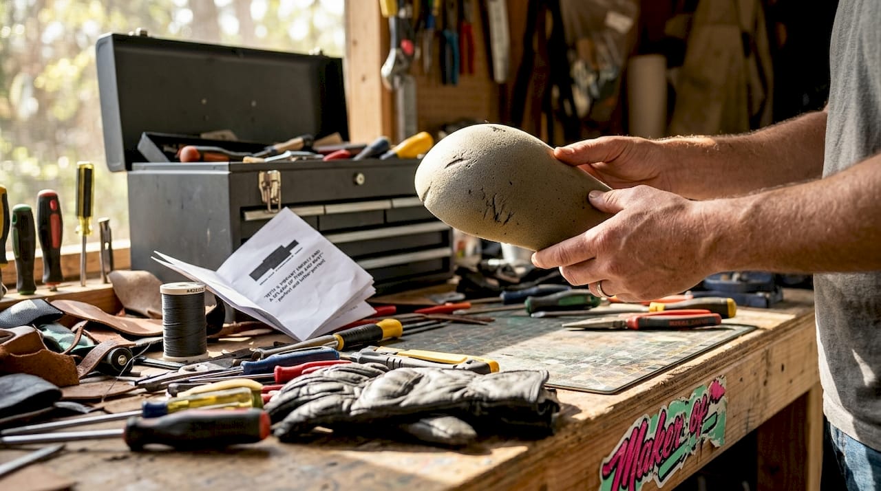 Hands inspecting foam armor pad in garage