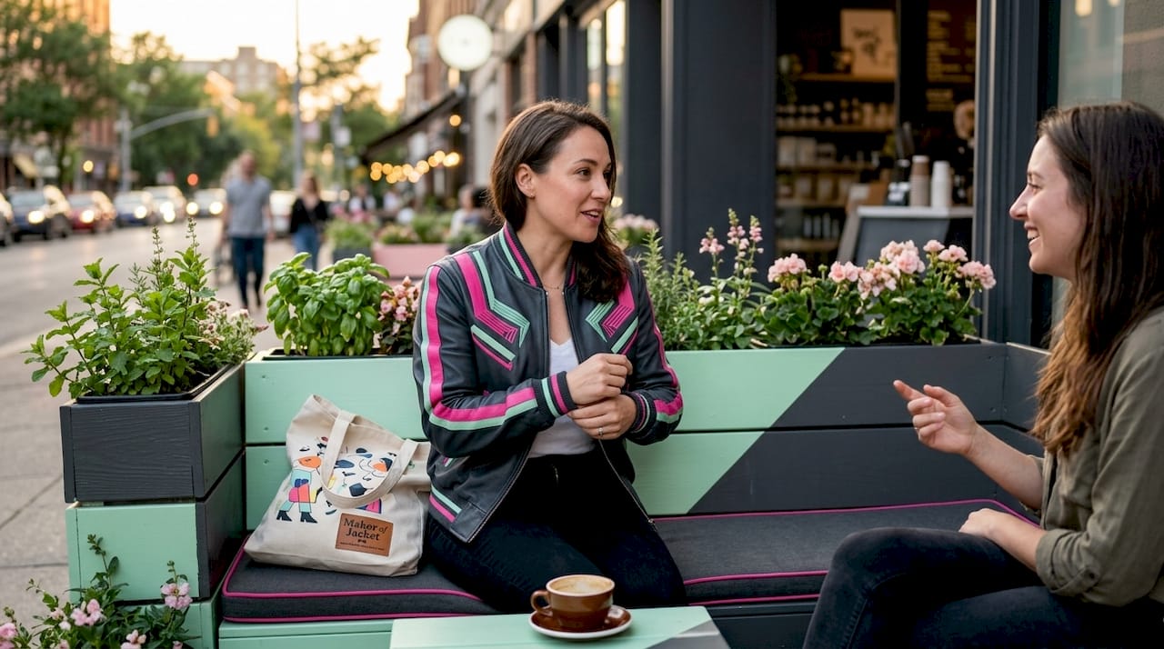 Woman adjusts themed bomber jacket at café