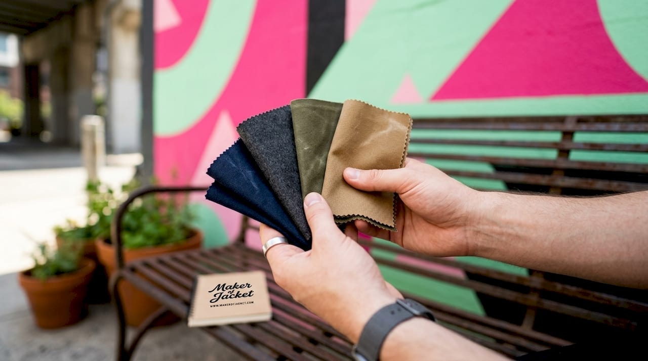 Hands holding jacket fabric swatches outdoors