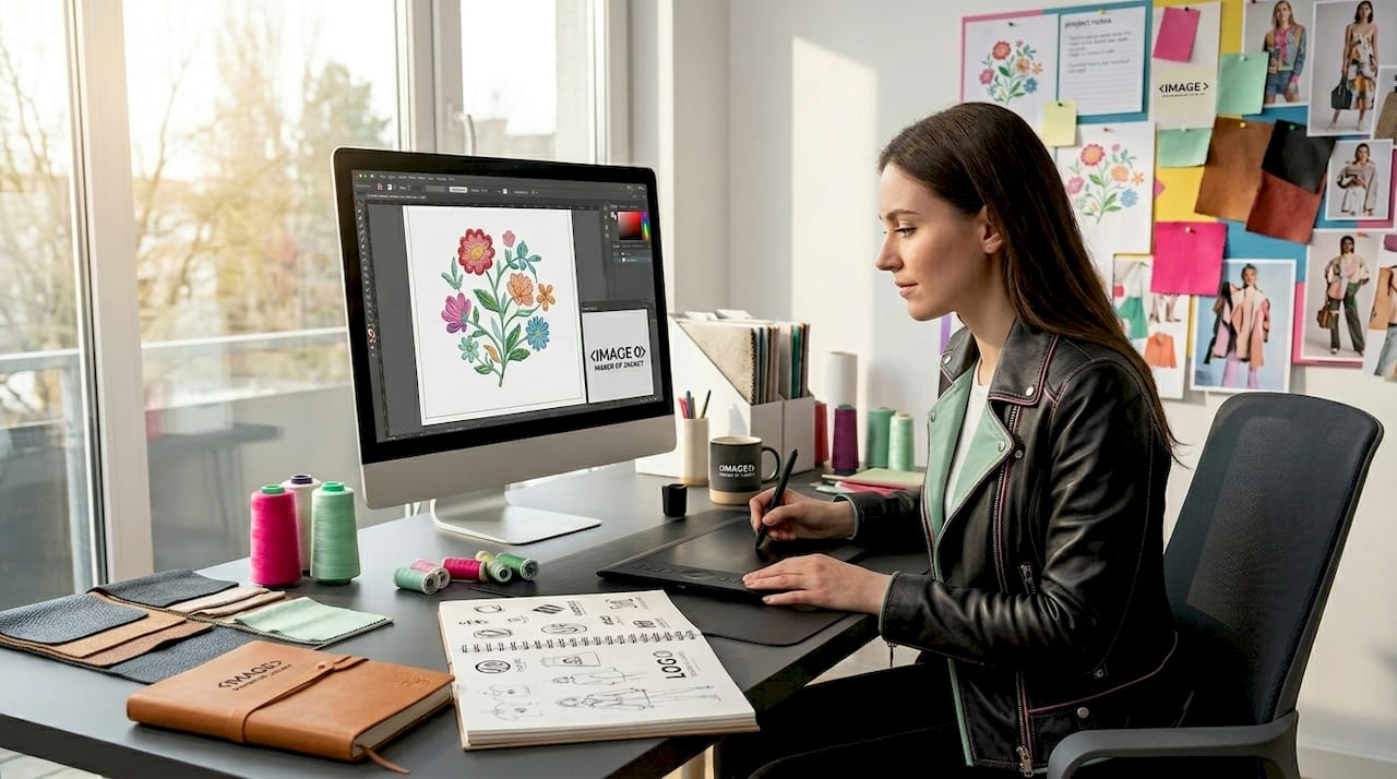 Designer digitizing embroidery artwork on computer