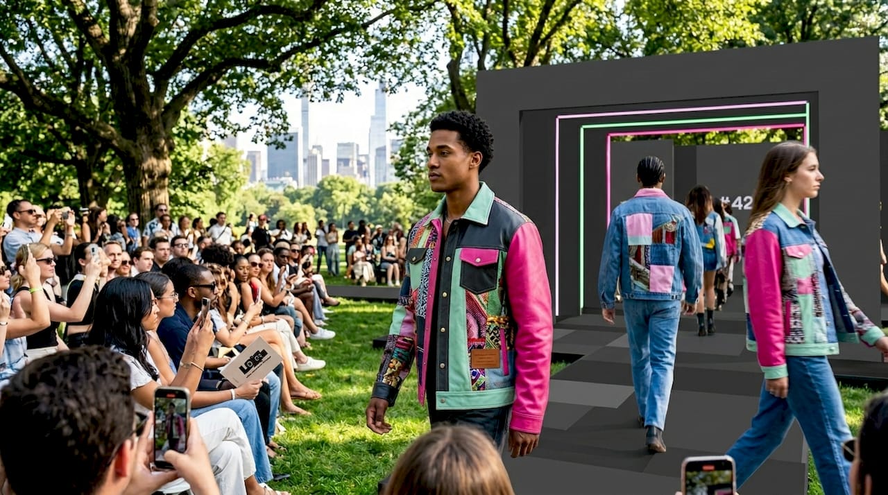 Runway models wearing patchwork jackets 2026