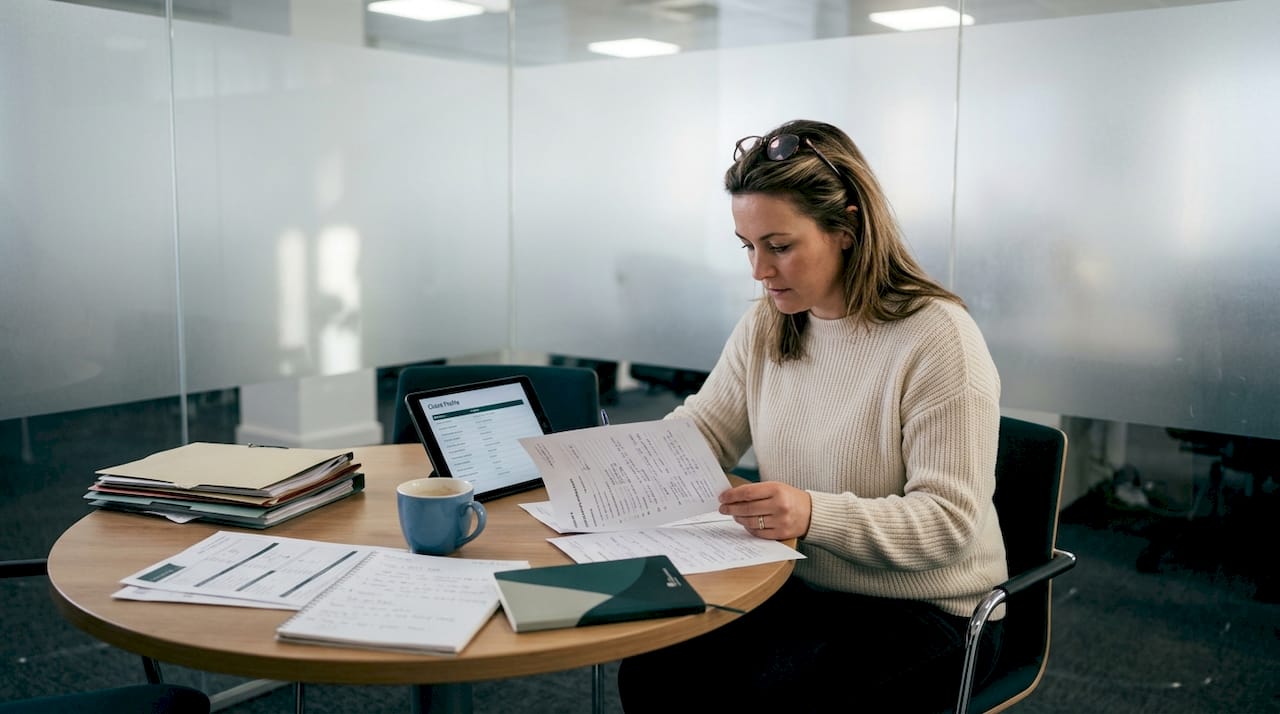 Consultant reviewing client profile documents