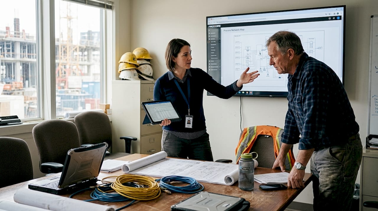 IT specialist and foreman planning network needs