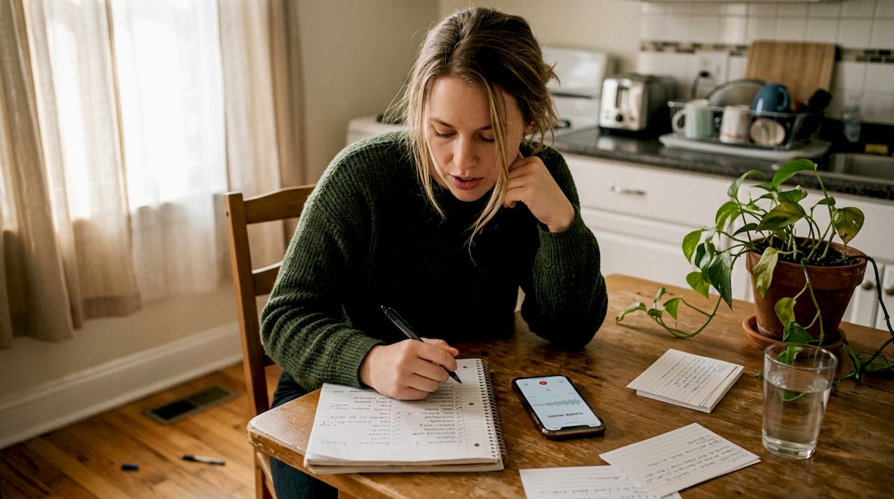 Practicing Spanish with notebook at kitchen table