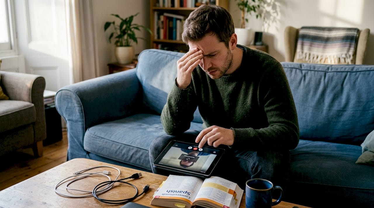 Man fixing video call for Spanish practice
