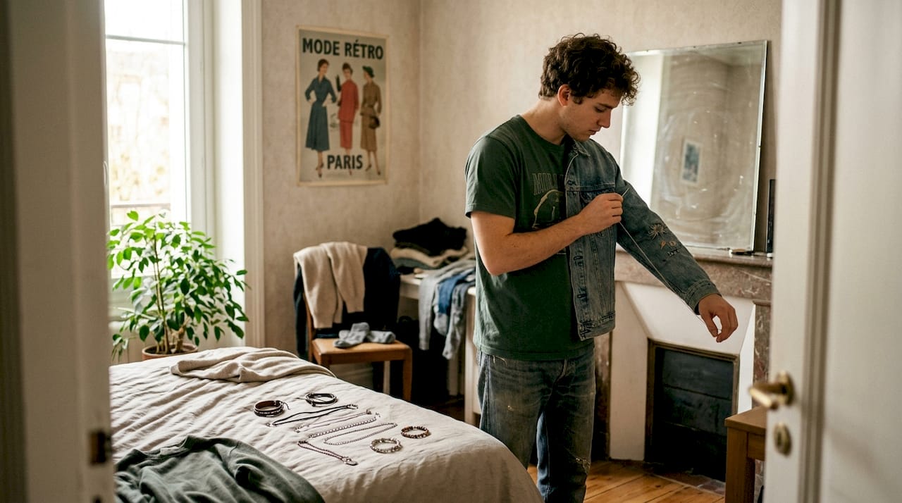 Un homme apporte sa touche personnelle à sa tenue en y ajoutant des accessoires.