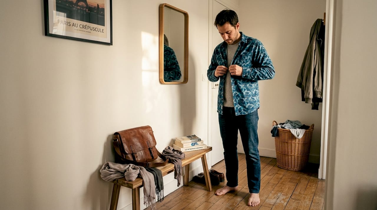 Un homme ose l’originalité en associant différents motifs et matières pour composer sa tenue.