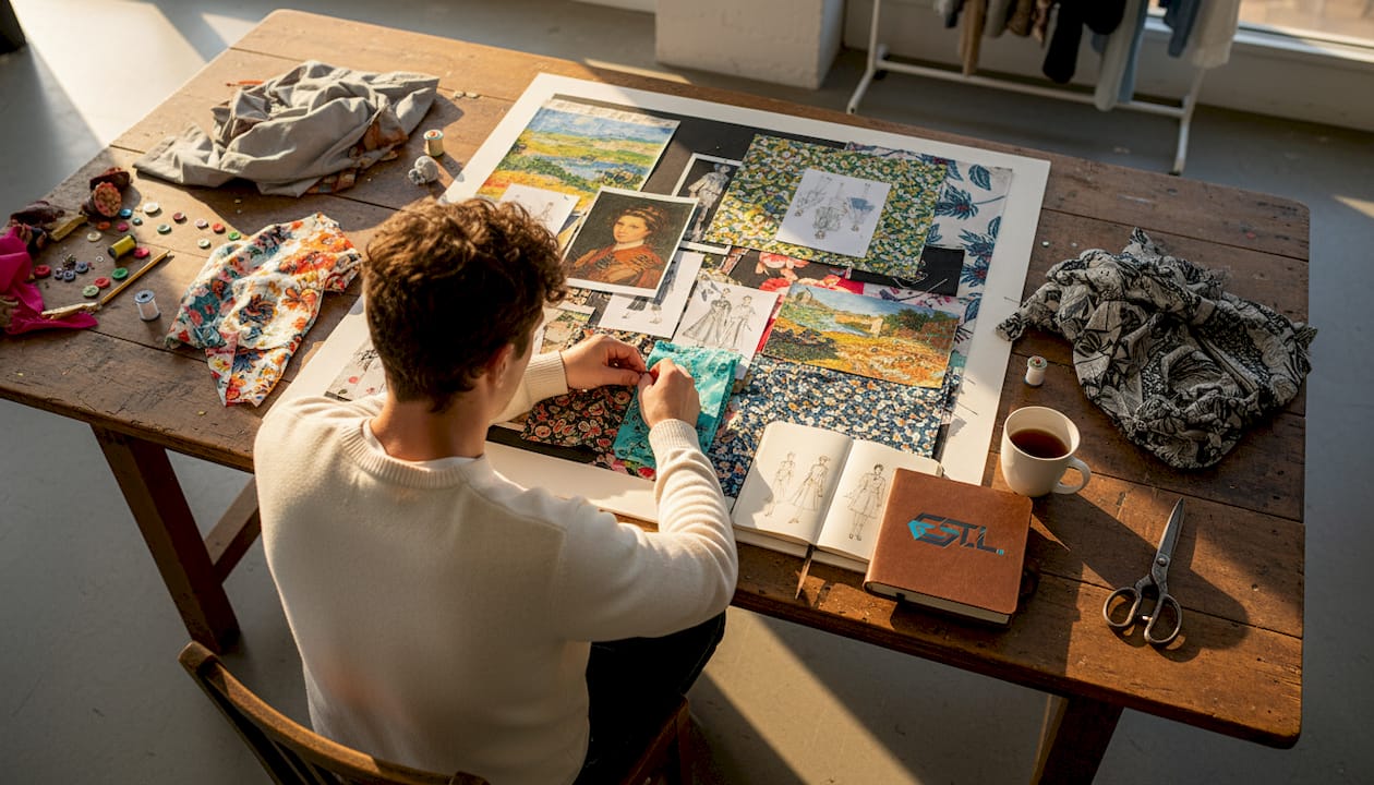 Une créatrice de mode compose un moodboard inspirant pour définir l’univers artistique de sa prochaine collection.