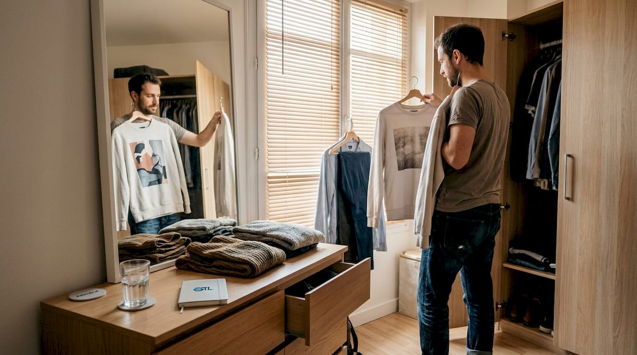 Un homme choisit des affiches artistiques en harmonie avec sa tenue dans sa chambre.