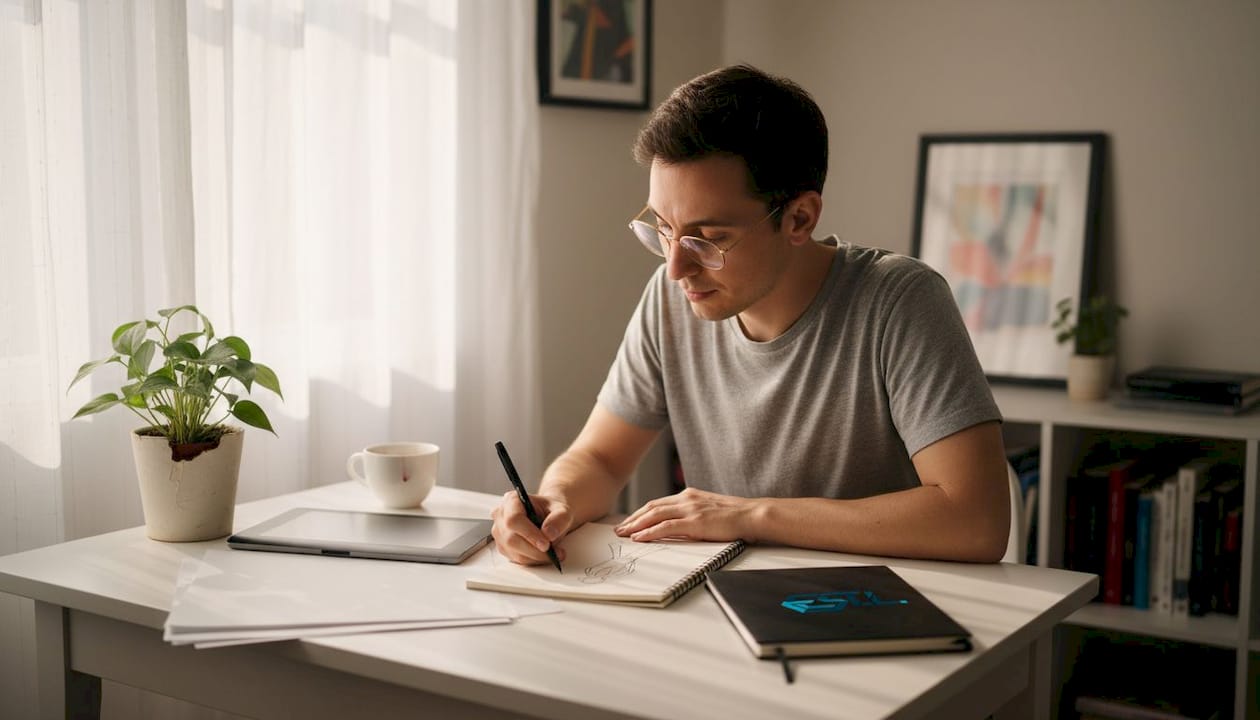 Un espace de travail épuré où une illustratrice de mode laisse libre cours à sa créativité.