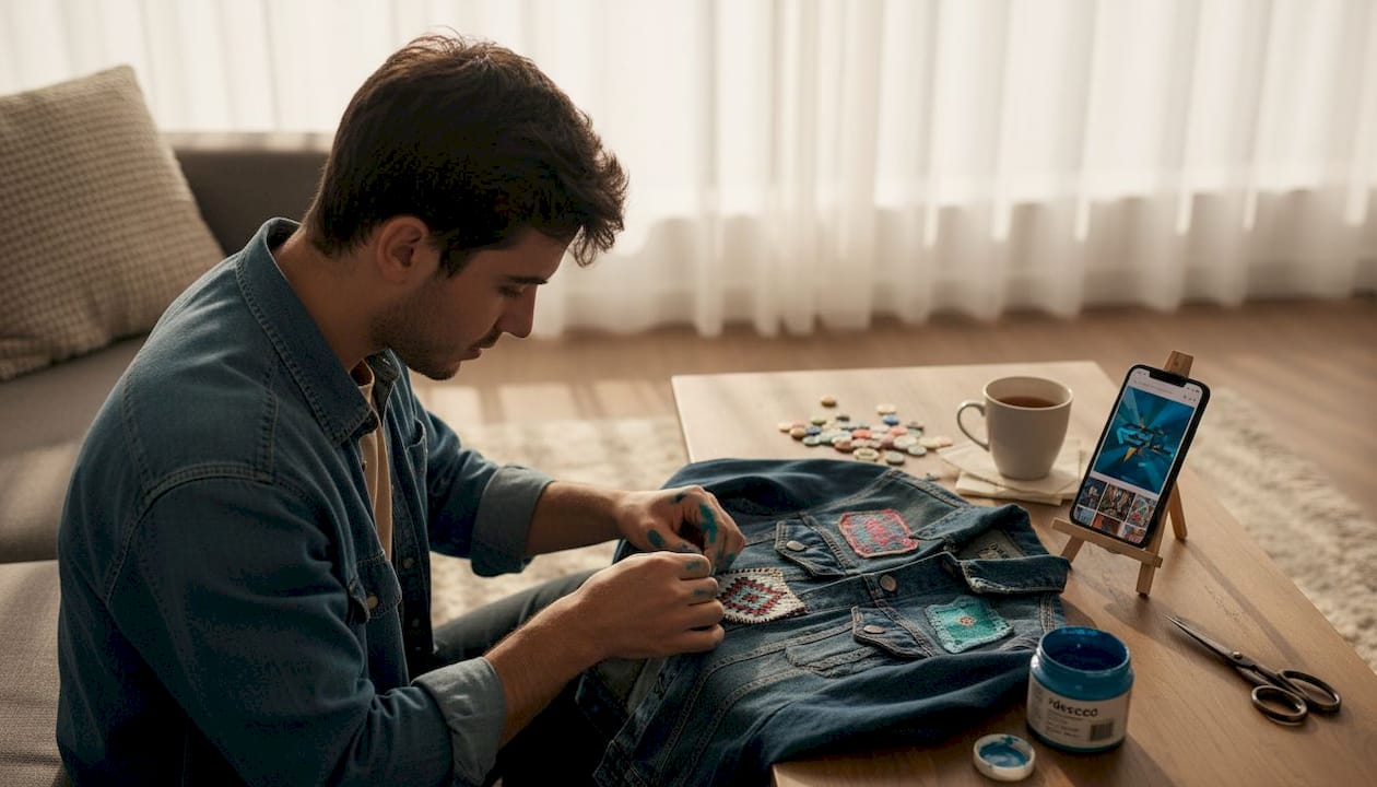 Un étudiant personnalise sa veste en jean chez lui