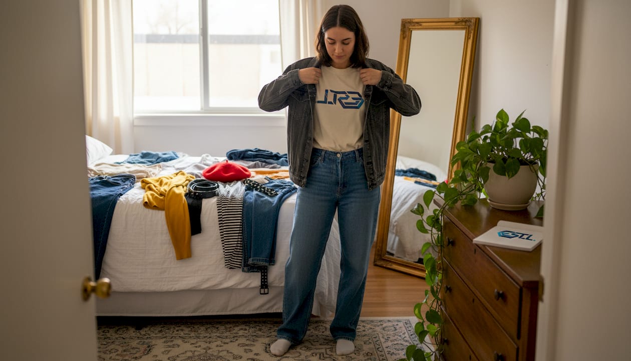 Chez elle, une jeune femme prend le temps de sélectionner des vêtements qui reflètent sa personnalité.