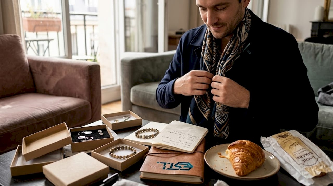 Un homme assemble des accessoires originaux autour d'une table basse, laissant libre cours à sa créativité.