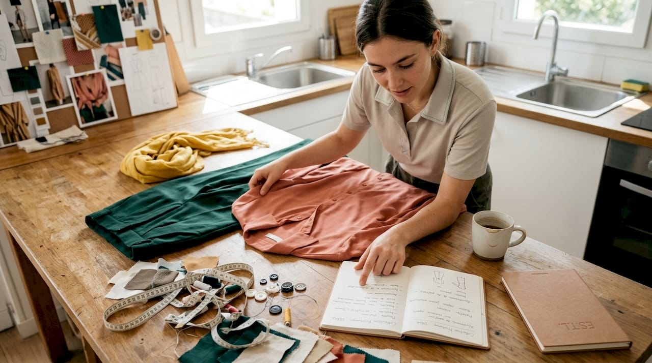 Un styliste compose une tenue pleine de couleurs en s’aidant d’échantillons de tissus.