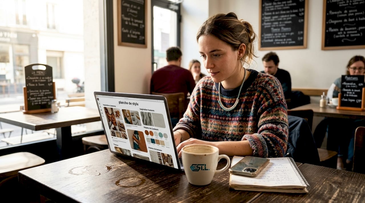 Une jeune femme, assise à la terrasse d’un café, laisse son esprit vagabonder à travers les tendances et l’univers de la mode.