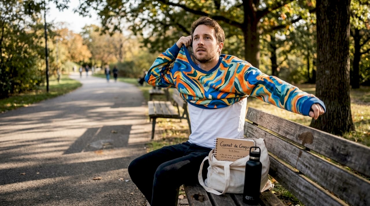 Une personne enfile un sweat aux motifs artistiques en plein air.