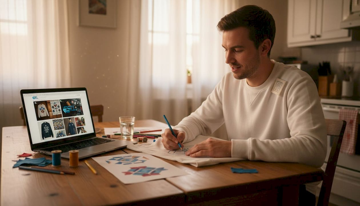 Un homme personnalise son sweat-shirt assis à la table de la cuisine.