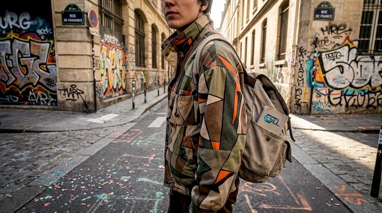 Un jeune branché déambule en streetwear stylé au cœur de la ville.