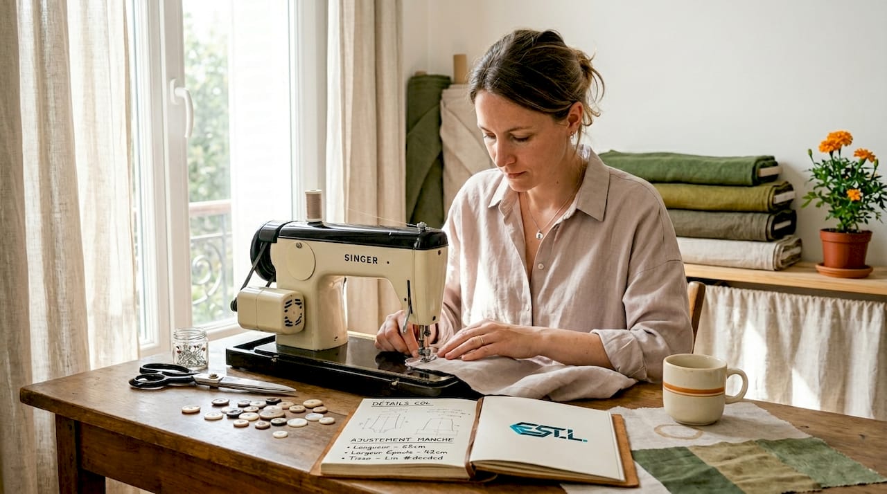 Dans son atelier à domicile, un artisan confectionne une chemise robuste avec soin et savoir-faire.