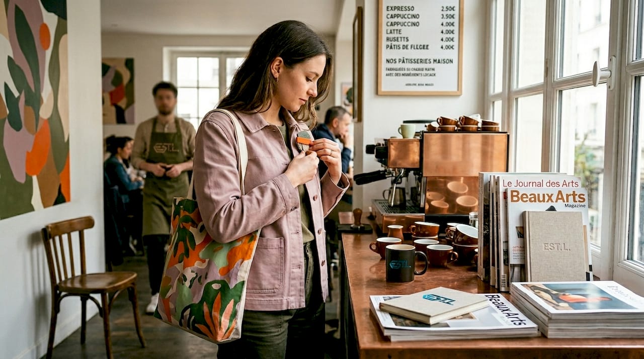 Une femme au style original, parée d’accessoires créatifs, savoure l’ambiance animée d’un café branché.