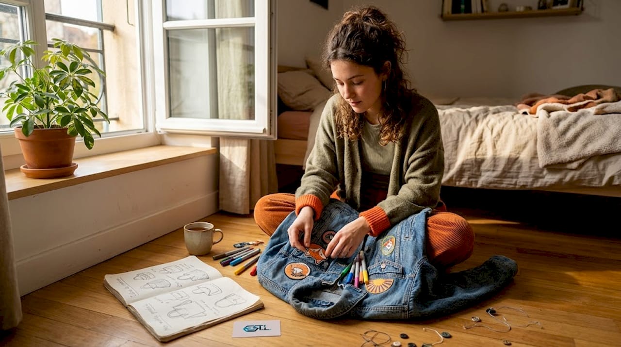 Un jeune passionné de mode en train de personnaliser sa veste dans sa chambre