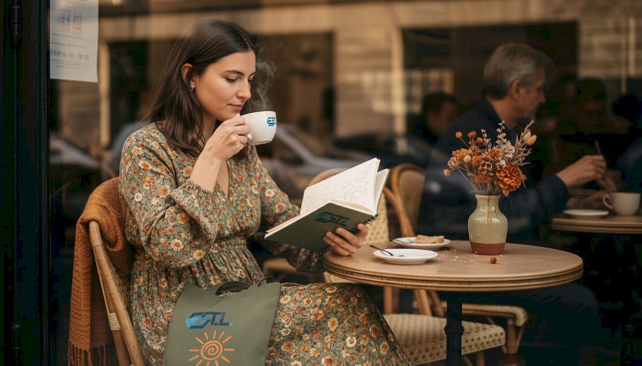Jeune femme à l’esprit bohème, installée dans un café, griffonnant ses idées dans un carnet.