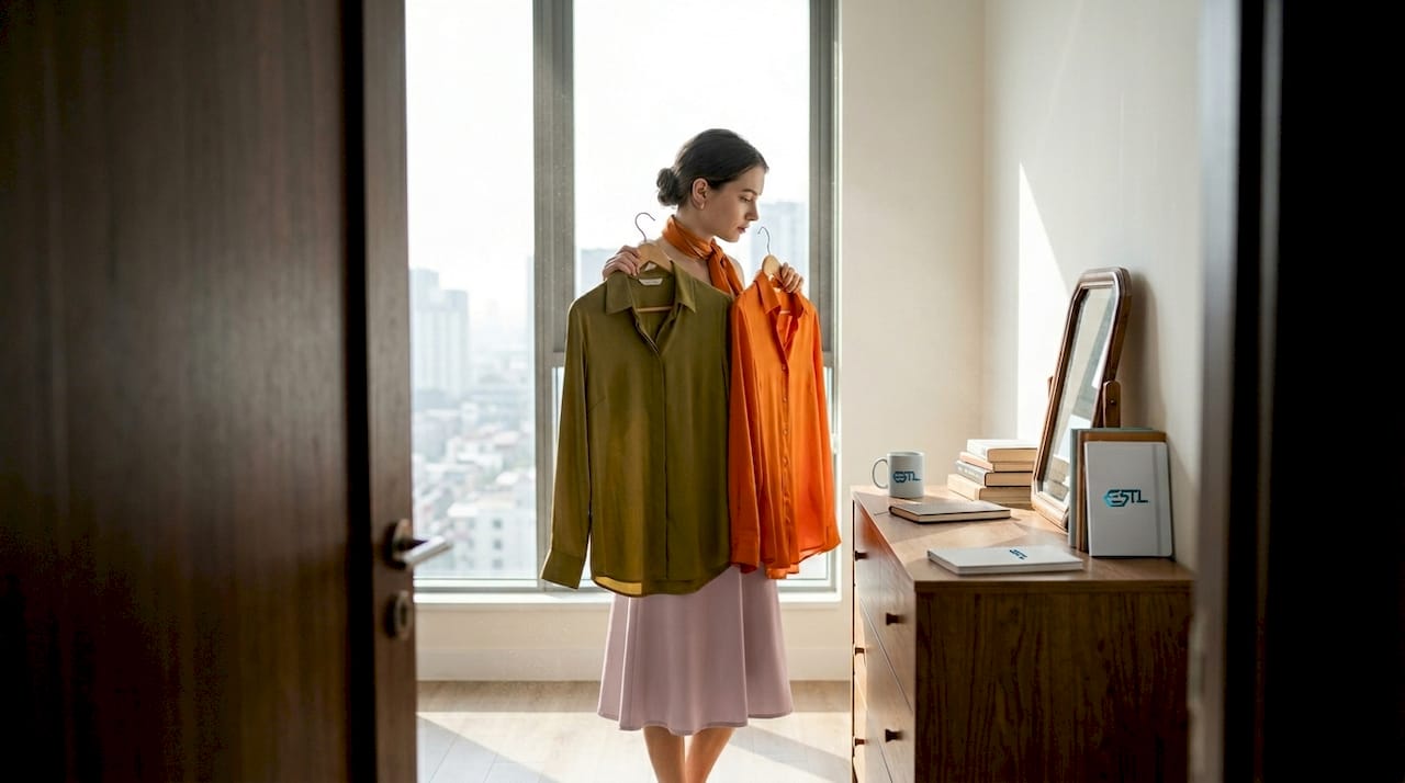 Sous la lumière, une femme hésite entre différentes tenues aux couleurs vives.