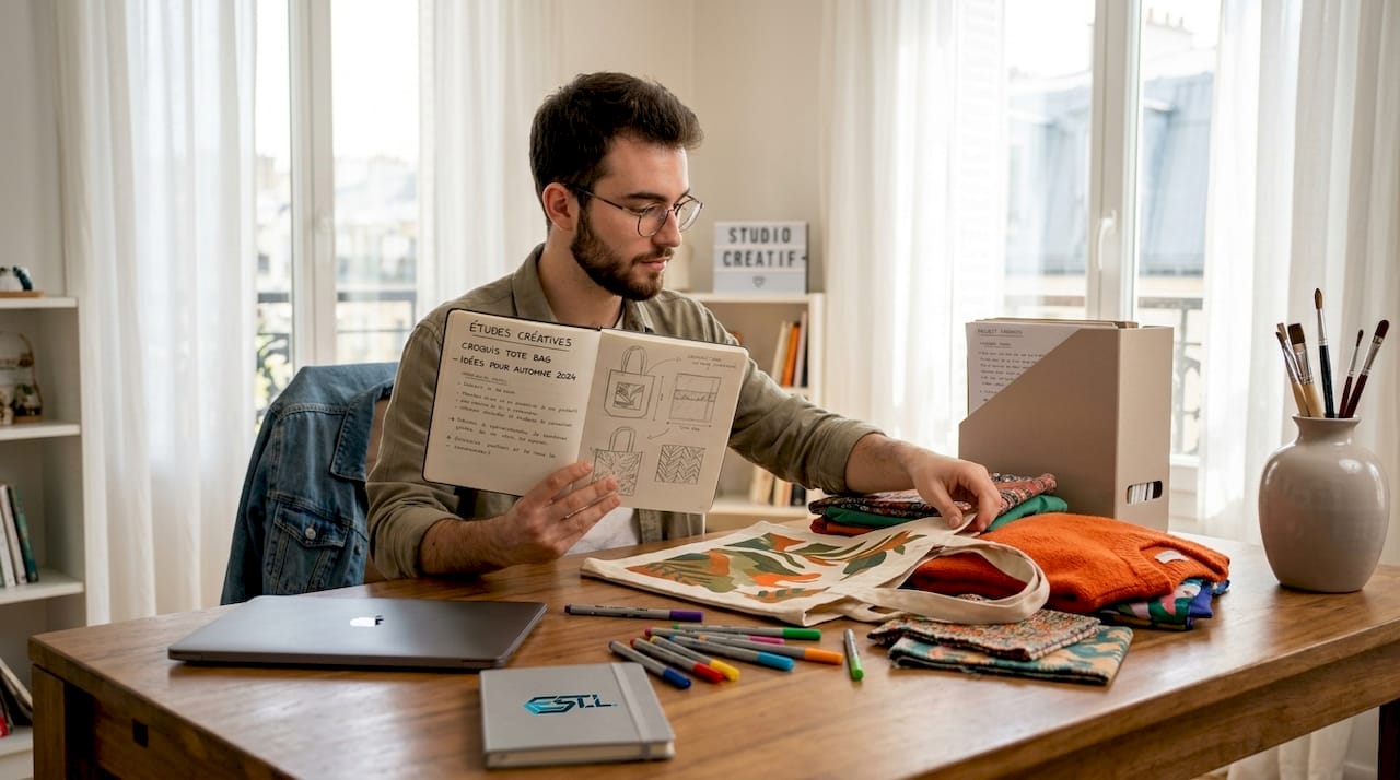 Un jeune adulte organise soigneusement ses vêtements et son sac original avec créativité.