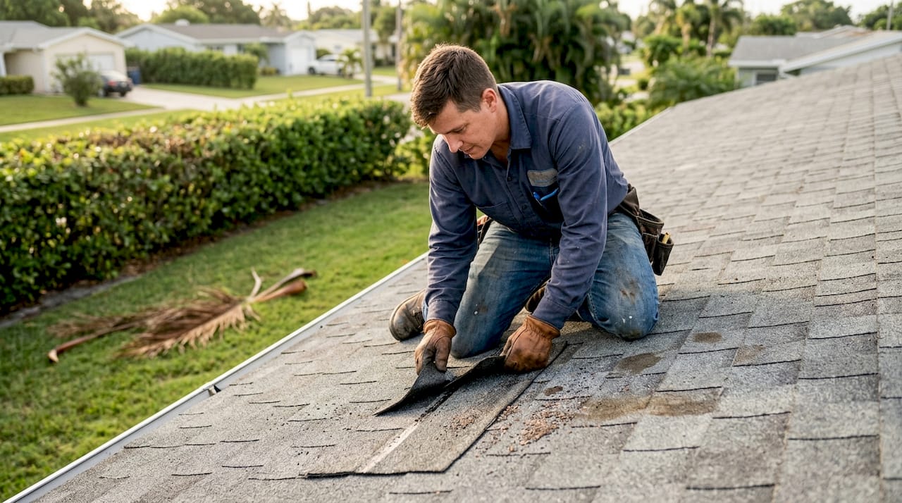 Roofing contractor checking shingle sealant up close