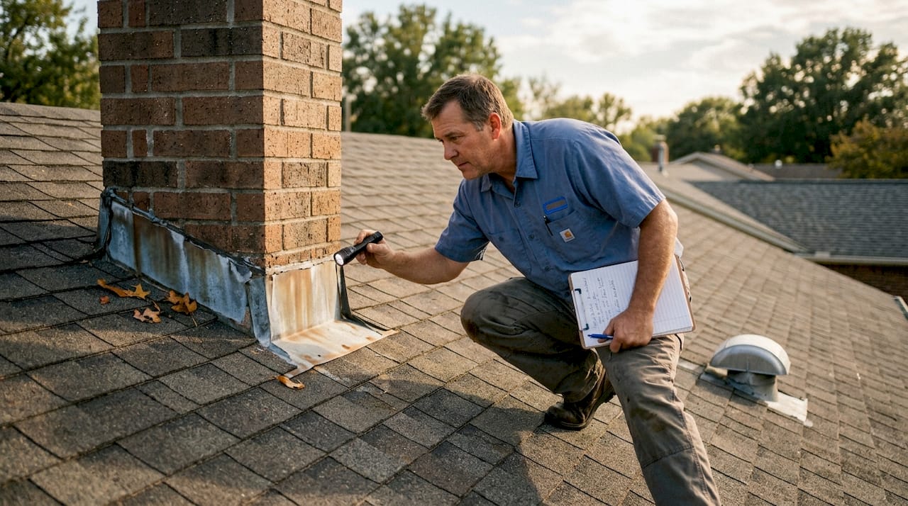 Contractor inspecting flashing and shingles for damage