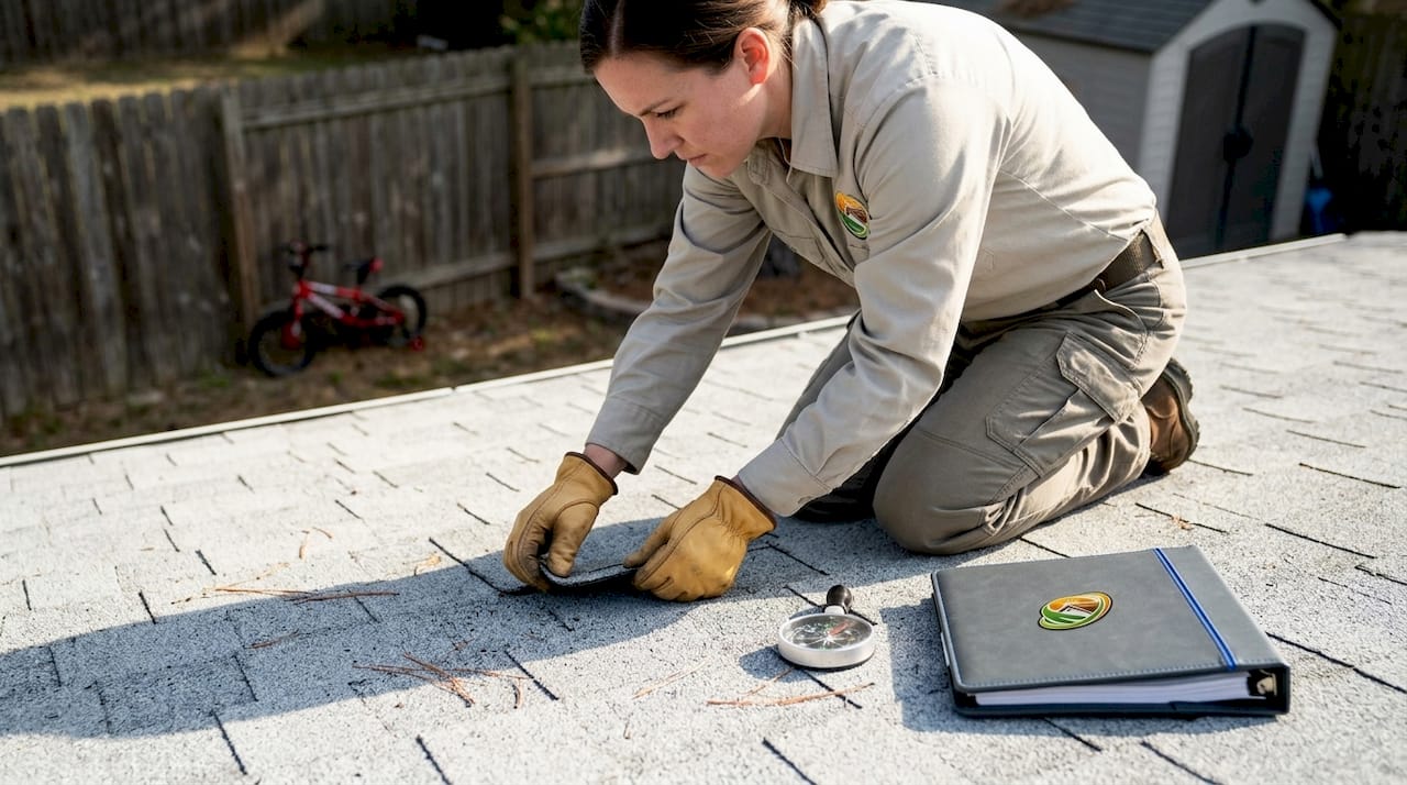 Inspector checking shingle flexibility on roof