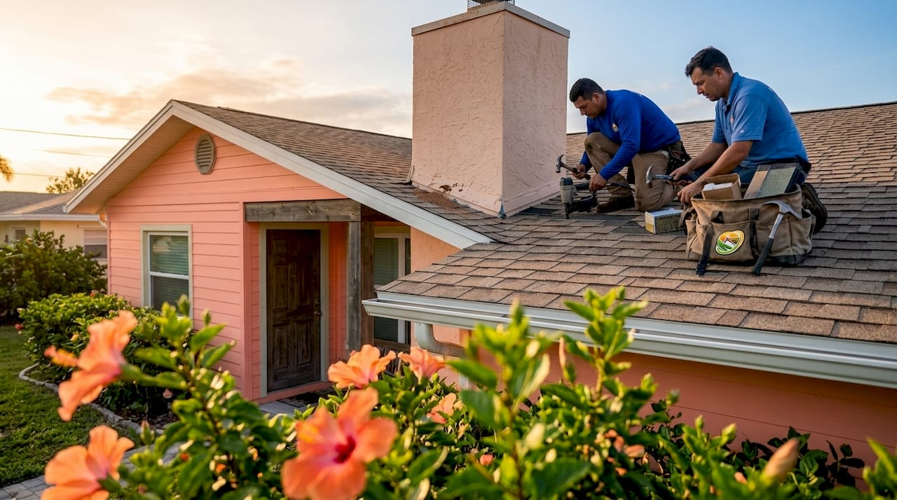 Crew installing shingles on South Florida roof