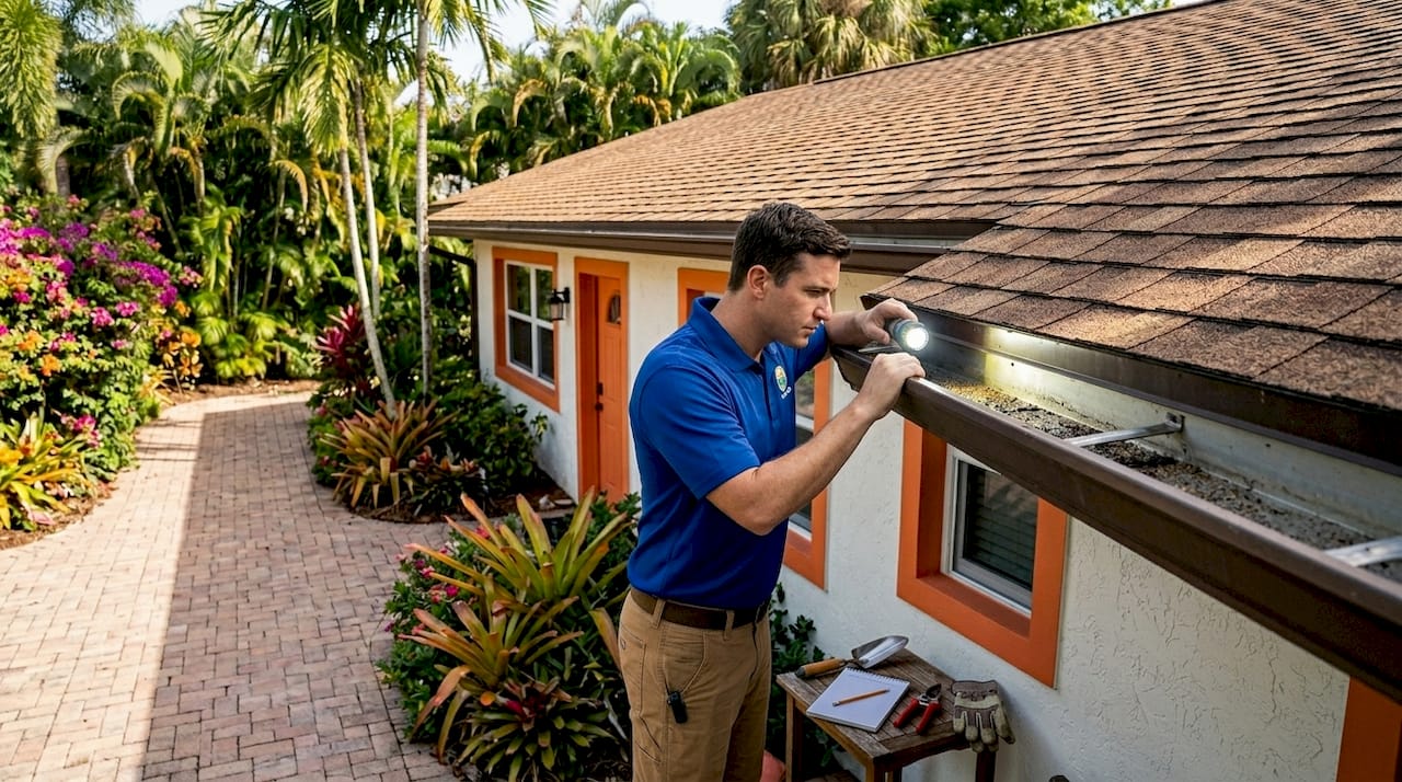 Homeowner inspecting roof gutters for debris