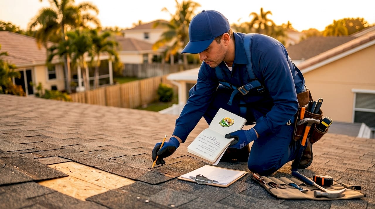 Roofing contractor inspecting nail fastening on shingles